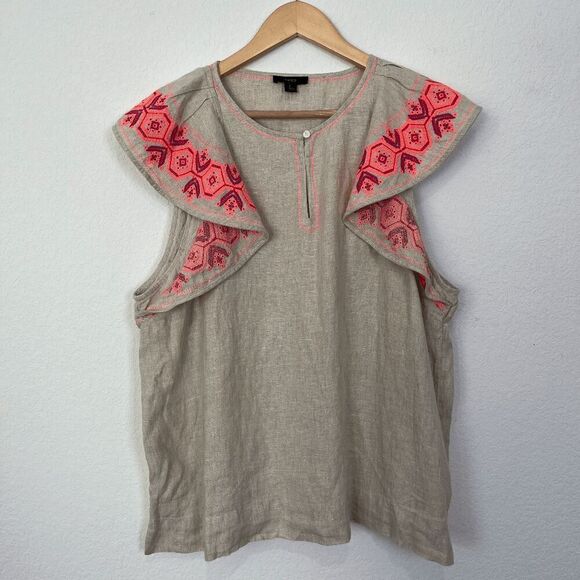 J. Crew Embroidered Linen Keyhole Flutter Sleeve Top Women's Size Large - Picture 2 of 7